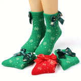 2pcs Girls' Festive Christmas Socks with Bow Ties - Snowflake Patterns in Red & Green, Soft Polyester Blend, Perfect Holiday Gift