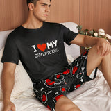 2 Pcs Men's I LOVE MY GF Print Round Neck Short Sleeve & Shorts Pajama Set, Comfortable & Skin-friendly Style Pajamas For Men's Cozy Loungewear