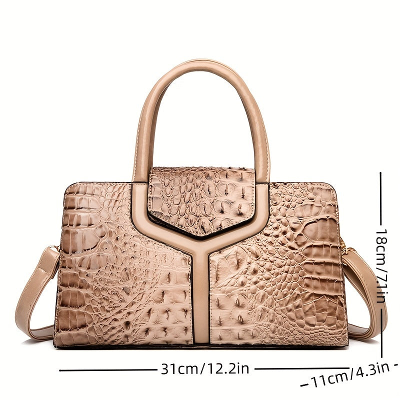 solvbao  Crocodile Embossed Handbag, Elegant PU Crossbody Bag, Top Handle Satchel Purse For Women