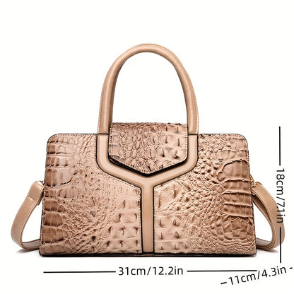 solvbao  Crocodile Embossed Handbag, Elegant PU Crossbody Bag, Top Handle Satchel Purse For Women