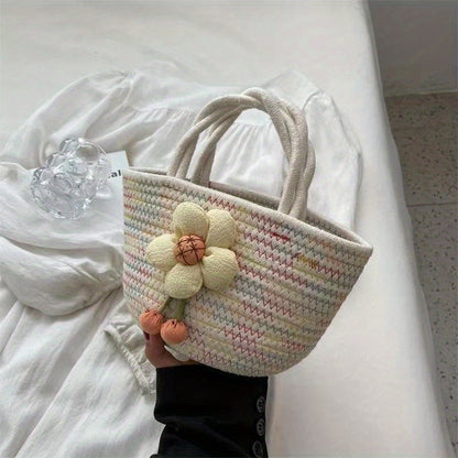 solvbao  Flower Decor Woven Handbags, Boho Style Summer Beach Bag, Niche Design Vegetable Basket