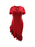 Plus Size Elegant Ruffle Hem Slim Fit Dress - Tie Neck, Short Sleeves, Flattering A-Line Silhouette, Comfortable Womens Clothing for Special Occasions