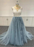 Solvbao Blue V-neckline Tulle Embroidered Ombre Soft Lace V-neck Prom Dresses, Blue Formal Dresses