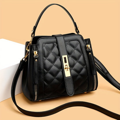 solvbao  Stylish Argyle Quilted Handbag For Women, Retro PU Leather Crossbody Bag, Top Handle Zipper Purses