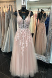 kamahe Deep V Neck Backless Pink Lace Long Prom Dress, Long Pink Lace Formal Graduation Evening Dress