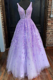 kamahe Deep V Neck Purple Lace Long Prom Dresses, Purple Lace Formal Dresses, Purple Evening Dresses