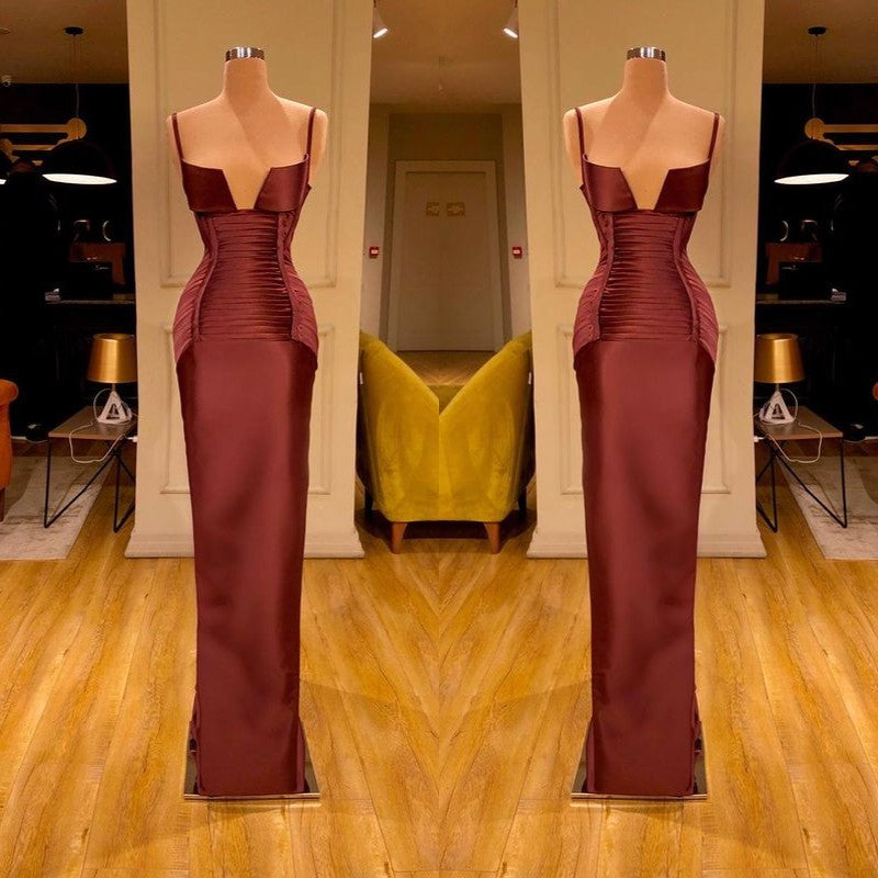 kamahe Designer Burgundy Spaghetti-Straps Mermaid Prom Dress Long With Ruched