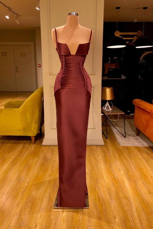 kamahe Designer Burgundy Spaghetti-Straps Mermaid Prom Dress Long With Ruched