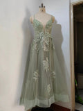 kamahe Dusty Sage Prom Dress Plunging V Neck Appliques Lace-Up A-line Long Evening Gown