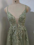 kamahe Dusty Sage Prom Dress Plunging V Neck Appliques Lace-Up A-line Long Evening Gown