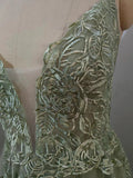 kamahe Dusty Sage Prom Dress Plunging V Neck Appliques Lace-Up A-line Long Evening Gown