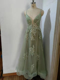 kamahe Dusty Sage Prom Dress Plunging V Neck Appliques Lace-Up A-line Long Evening Gown