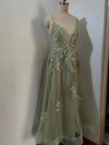 kamahe Dusty Sage Prom Dress Plunging V Neck Appliques Lace-Up A-line Long Evening Gown