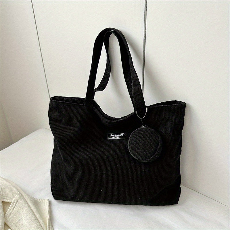 solvbao  Casual Corduroy Tote Bag, Minimalist Shoulder Bag, All-Match Handbag With Mini Round Purse