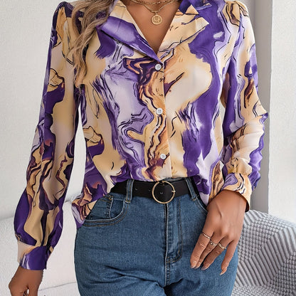 solvbaoGraphic Print Button Front Shirt, Casual Long Sleeve Shirt For Spring & Fall, Women's Clothing