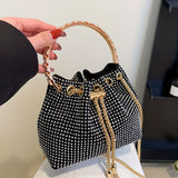 All Over Bright Rhinestone Bucket Bag, Drawstring Small Banquet Satchel Bag, Women's Luxury Dinner Shoulder Chain Bag