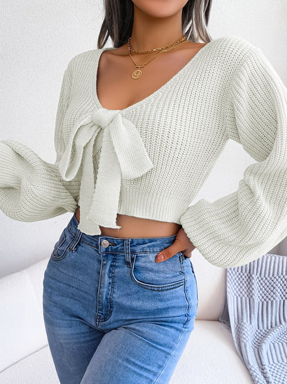 solvbaoBowknot V Neck Cropped Sweater, Casual Lantern Long Sleeve Loose Fall Winter Cropped Knit Sweater, Women's Clothing