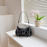 solvbao  Y2K Denim Crossbody Handbag, Chain Decor Shoulder Bag, Buckle Decor Stitch Chain Baguette Bag