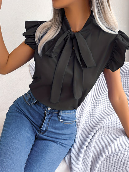 solvbaoBow Tie Flutter Sleeve Blouse, Elegant Sleeveless Solid Ruffle Trim Blouse, Women's Clothing