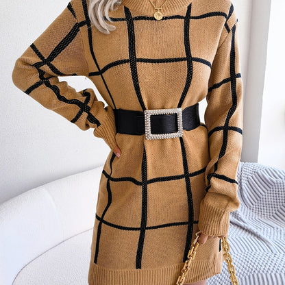 solvbaoColor Block Plaid Round Neck Long Sleeve Sweater Dress, Bag Hip Casual Bodycon Loose Dress, Women's Clothing