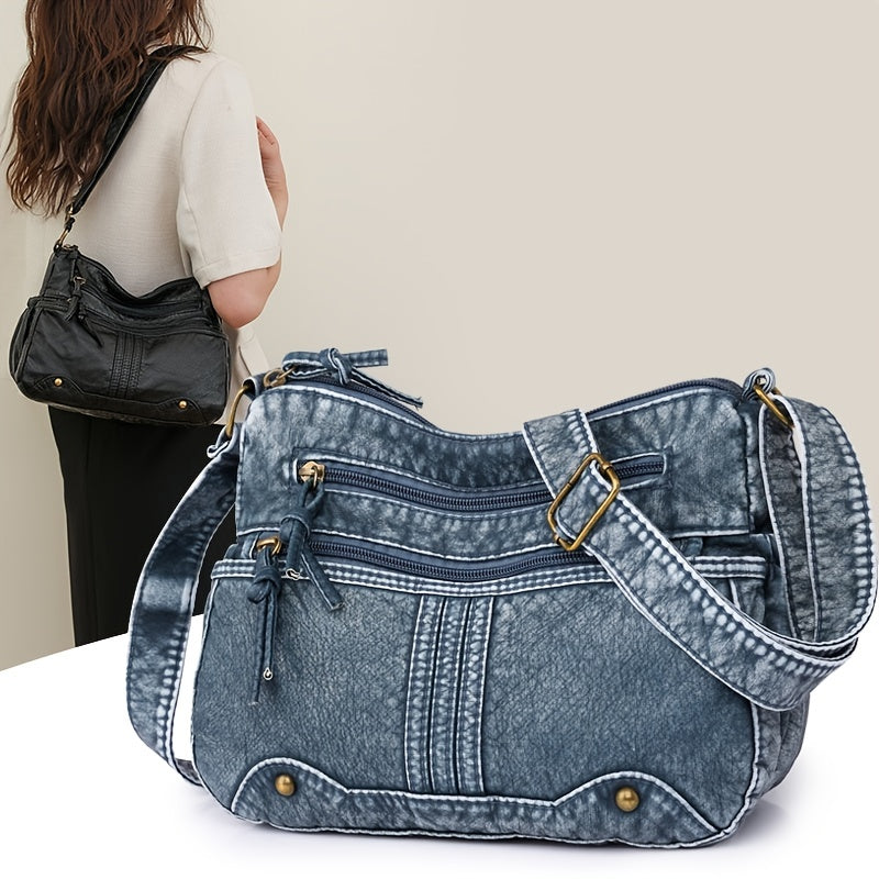 solvbao  Retro Washable PU Leather Crossbody Bag, Studded Decor Shoulder Bag, Women's Multi Pocket Purse For Travel & Shopping