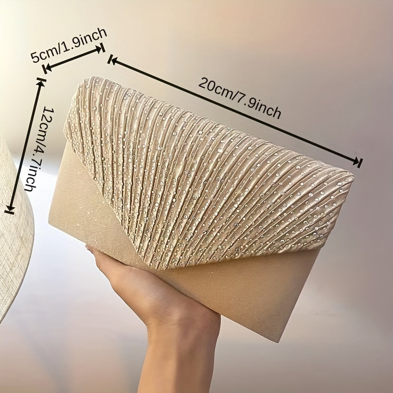 solvbao  Rhinestone Ruched Evening Bag, Elegant Flap Clutch Purse, Women's Handbag For Wedding Prom Dinner