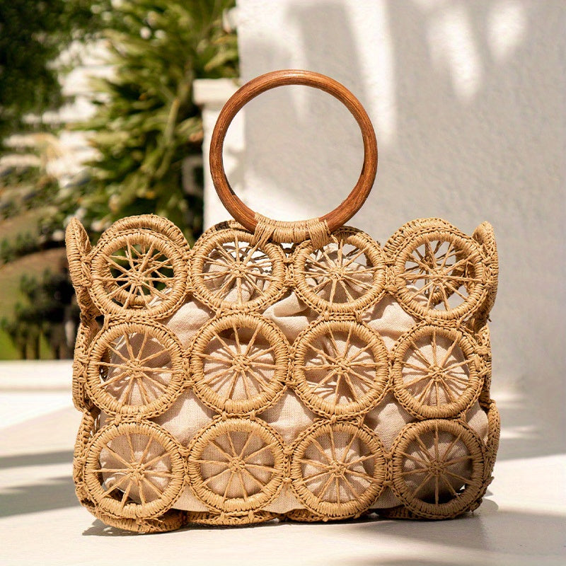 solvbao  Vintage Straw Woven Tote Bags, Handmade Holiday Beach Bags, Hollow Out Handbags With Inner Pouch