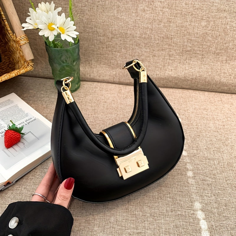 Trendy Hobo Bag For Women, Minimalist Shoulder Purse, Buckle Decor Crescent Bag & Handbag