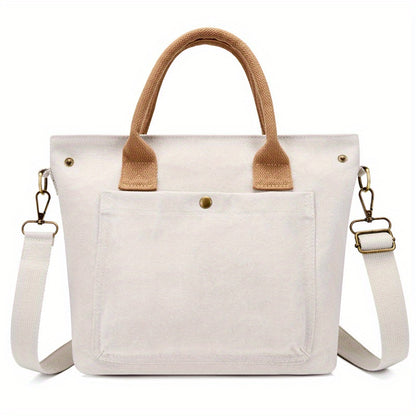 solvbao  Simple Canvas Tote Bag, Pocket Front Crossbody Bag, Portable Storage Handbags With Zipper