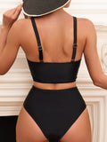 2 Piece High Waist Twist Bikini Set - V Neck Ruched Tummy Control, Stretchy Solid Black Swimsuit with Cross Strape Details, Quick Drying Polyamide Fabric for Beach Pool Bathing - Womens Swimwear & Clothing