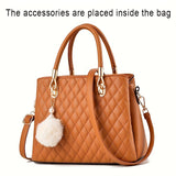 solvbao Elegant Argyle Quilted Handbag, Fashion Top Handle Satchel Purse, Women's Crossbody Bag With Pompom Ball Pendent