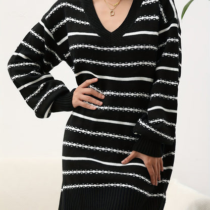 solvbao  Striped Pattern Drop Shoulder Dress, Casual V Neck Long Sleeve Dress, Women's Clothing