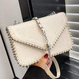 solvbao Stylish Square Flap Shoulder Bag, Tassel Decor Rivet Decor Crossbody Bag For Women