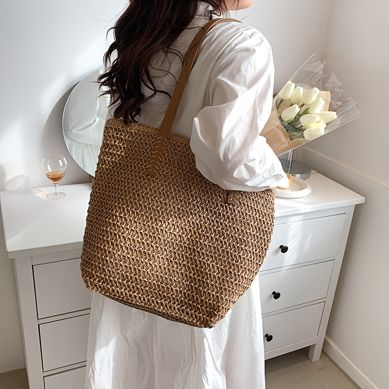 solvbao  Simple Shoulder Bag, Woven Handbag, Travel Beach Bag, Stylish All-Match Shoulder Bag