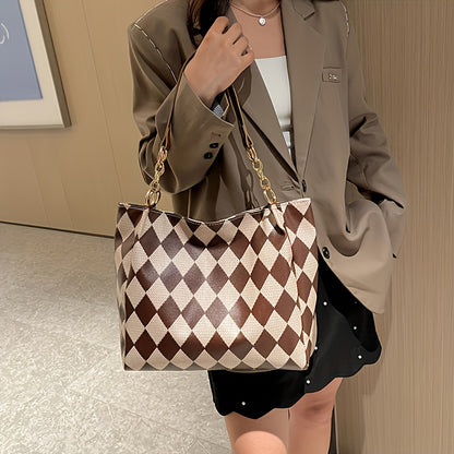 solvbao  Classic Geometric Pattern Tote Bag, Vintage Shoulder Women's Office Bag, All-Match PU Leather Bag