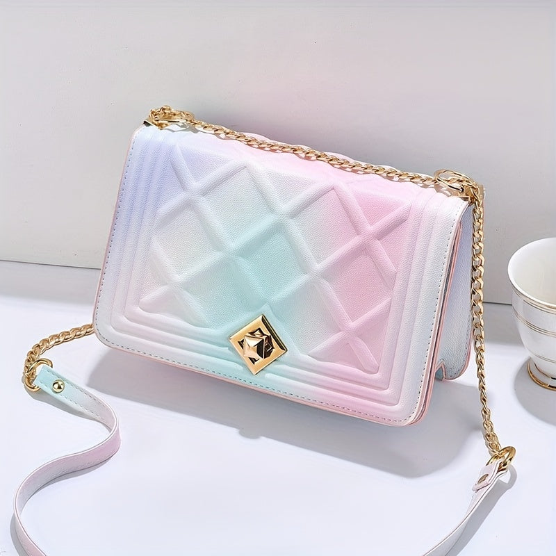 solvbao  Gradient Color Crossbody Bag, Trendy Rainbow Chain Shoulder Bag, Embossed Square Purse For Women