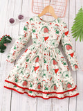 Long Sleeve Girls Stylish Dress with Allover Leaves/Houses/Animals/Cartoon/Santa Claus/Plaid Pattern and Layered Hem for Fall & Winter Christmas Party