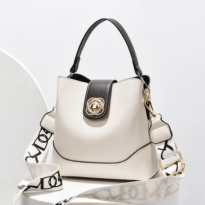 Retro Faux Leather Bucket Bag, Women's Fashion Shoulder Bag, Buckle Decor Hand Bag With Wide Strap