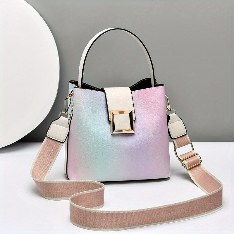 solvbao  Fashion Ombre Bucket Handbags, Buckle Decor Crossbody Bag, Wide Strap Shoulder Purses