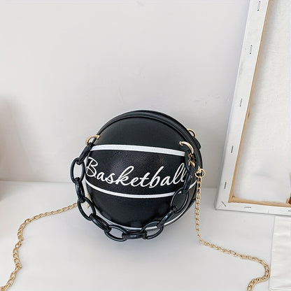 solvbao  Mini Letter Graphic Basketball Design Circle Bag, Fashion Chain Shoulder Round Purse, Hand Zipper Bag