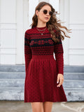 Women Long Sleeve Knitted Crewneck High Waist A-Line Cute Mini Sweater Dress