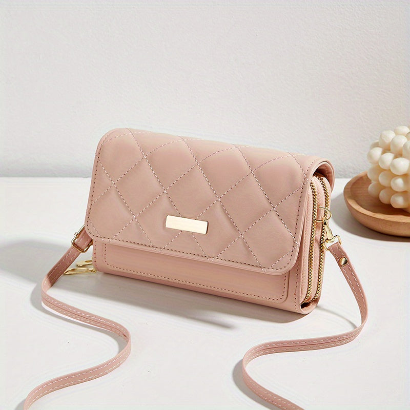 solvbao  Quilted Pipping Zipper Mini Shoulder Purse, Mobile Phone Wallet Double Zipper Shoulder Bag (7.5*2*5.1)Inch