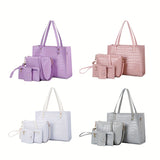 4pcs Crocodile Pattern Tote Bag Set, Women's Vintage Handbag With Crossbody Bag Wristlet Clutch Purse Card Holder