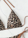 2 Piece Leopard Print Triangle Halter Neck High Cut Tie Side Bikini Swimsuit - Stretchy Polyester Fabric, Lace Up, Random Printing, Customized Style - Womens Swimwear & Clothing for Summer Beach Vacation