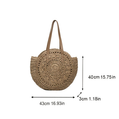 solvbao  Summer Hollow Design Round Straw Bag, Minimalist Woven Women's Shoulder Bag, Beach Bag