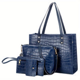 4pcs Crocodile Pattern Tote Bag Set, Women's Vintage Handbag With Crossbody Bag Wristlet Clutch Purse Card Holder