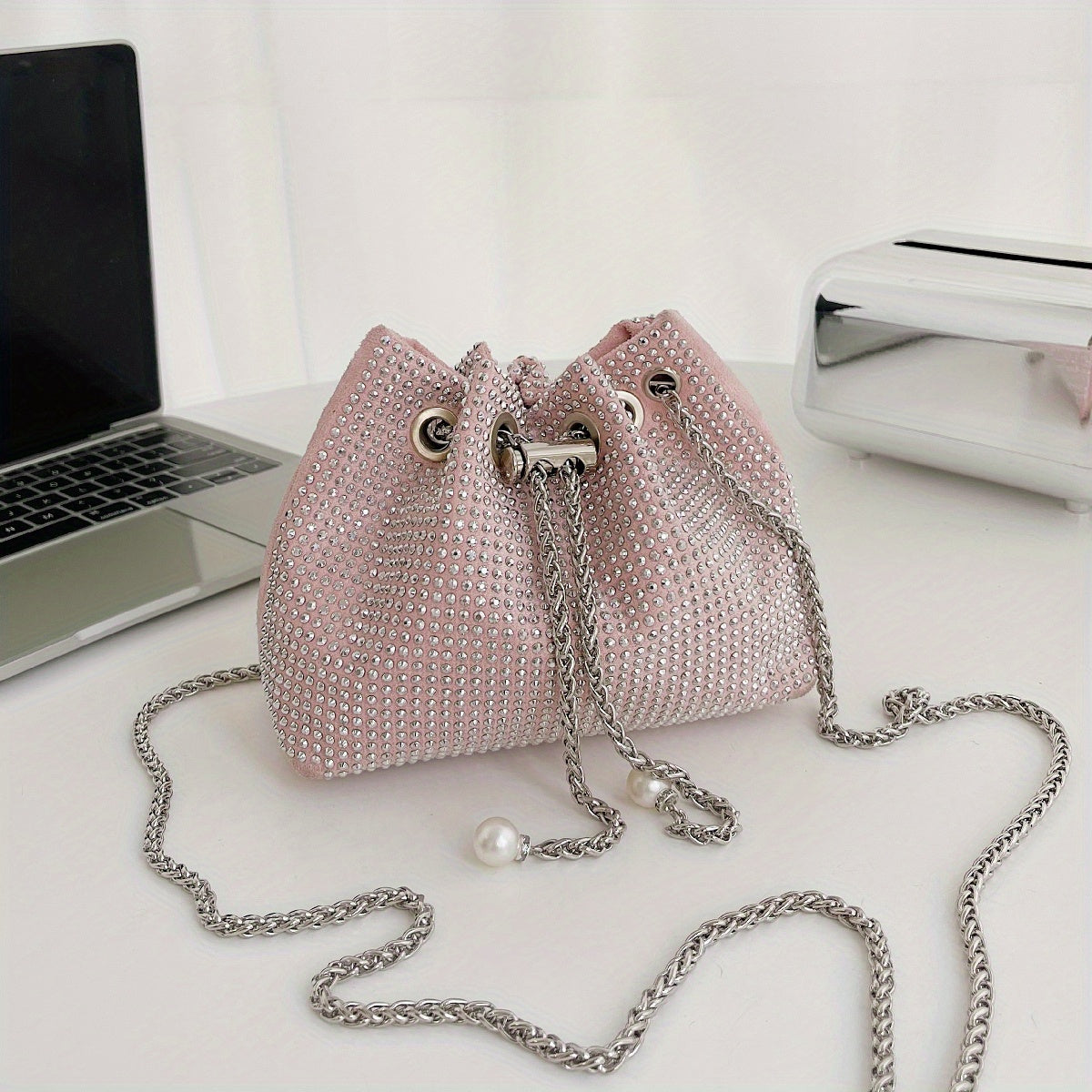 solvbao  Rhinestone Bucket Bag, Trendy Chain Crossbody Bag, Drawstring Design Prom Purse For Women