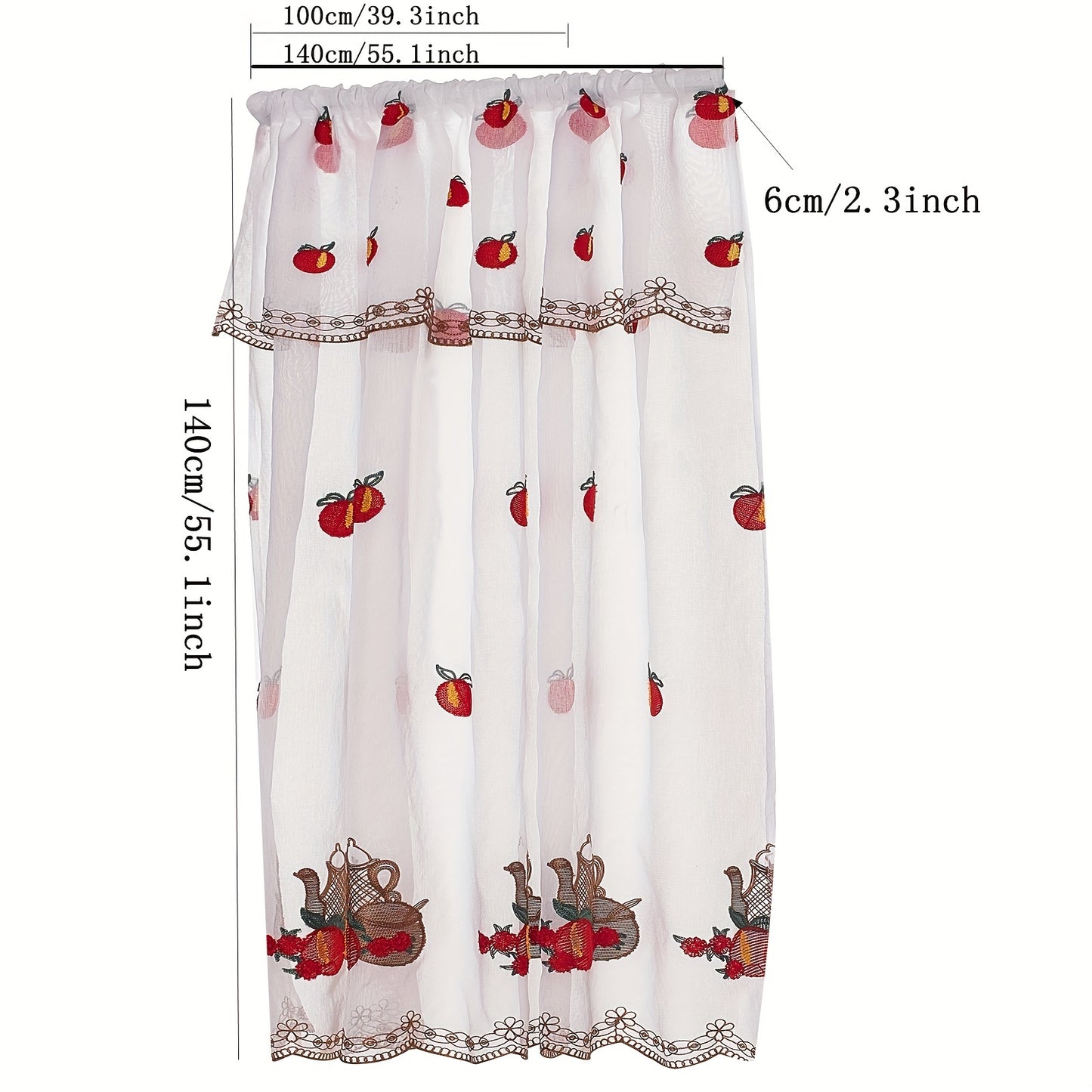 1 Panel Short Curtain, American Country Rod Pocket Small Window Embroidery Fruit Pattern Curtain for Living Room, Study, Balcony Home Decoration