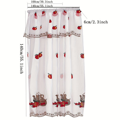 1 Panel Short Curtain, American Country Rod Pocket Small Window Embroidery Fruit Pattern Curtain for Living Room, Study, Balcony Home Decoration