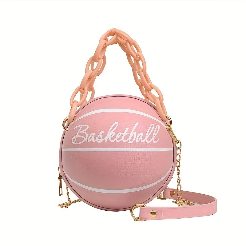 solvbao  Mini Letter Graphic Basketball Design Circle Bag, Fashion Chain Shoulder Round Purse, Hand Zipper Bag